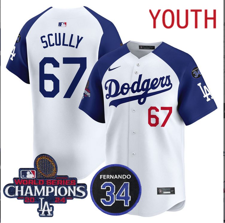Youth  MLB Los Angeles Dodgers #67 Scully white 2024 World Series Champions Patch Limited Jersey style 4